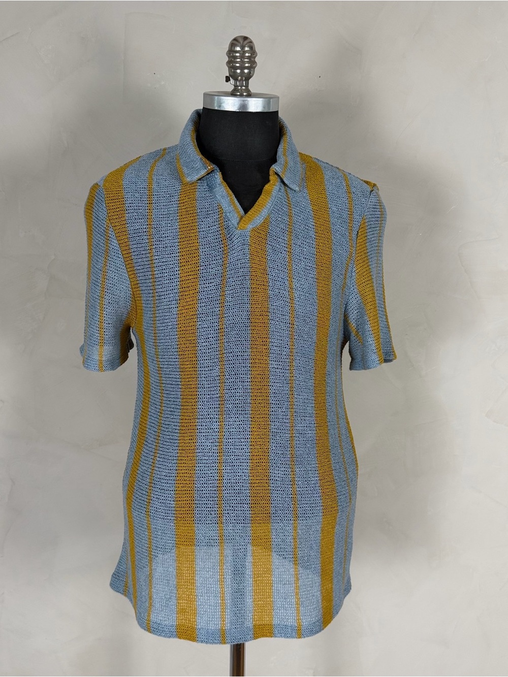 Zara Men’s Large Open Knit Striped Polo Shirt Blue Mustard Retro Resort
